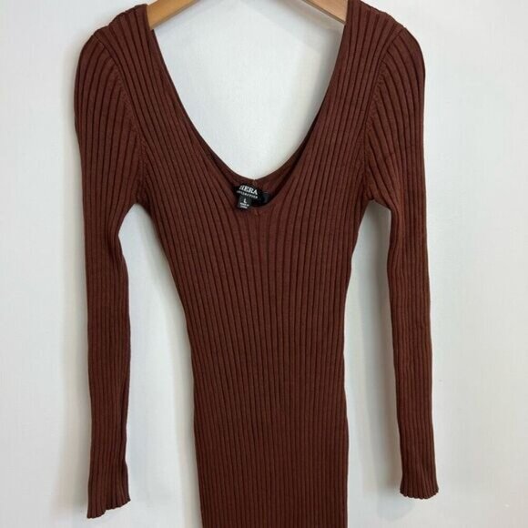 Hera Collection Women’s L Brown Knit Sweater Bodycon Dress Ribbed V Neck Plunge - Picture 10 of 10